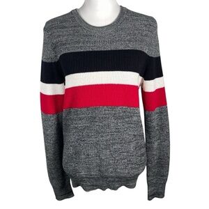 Express Charcoal Gray Black White Red Stripes Tight Knit Long Sleeve Sweater SP